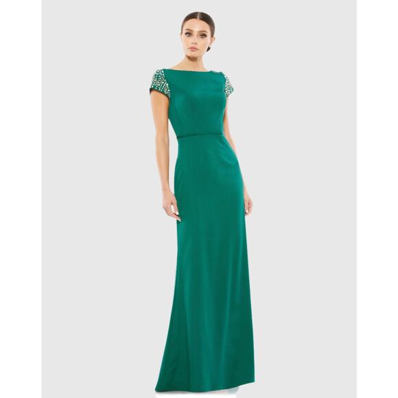 New NWT Mac Duggal Emerald Green Beaded Cap Sleeve Bateau Column Gown Size 4 - Picture 1 of 8